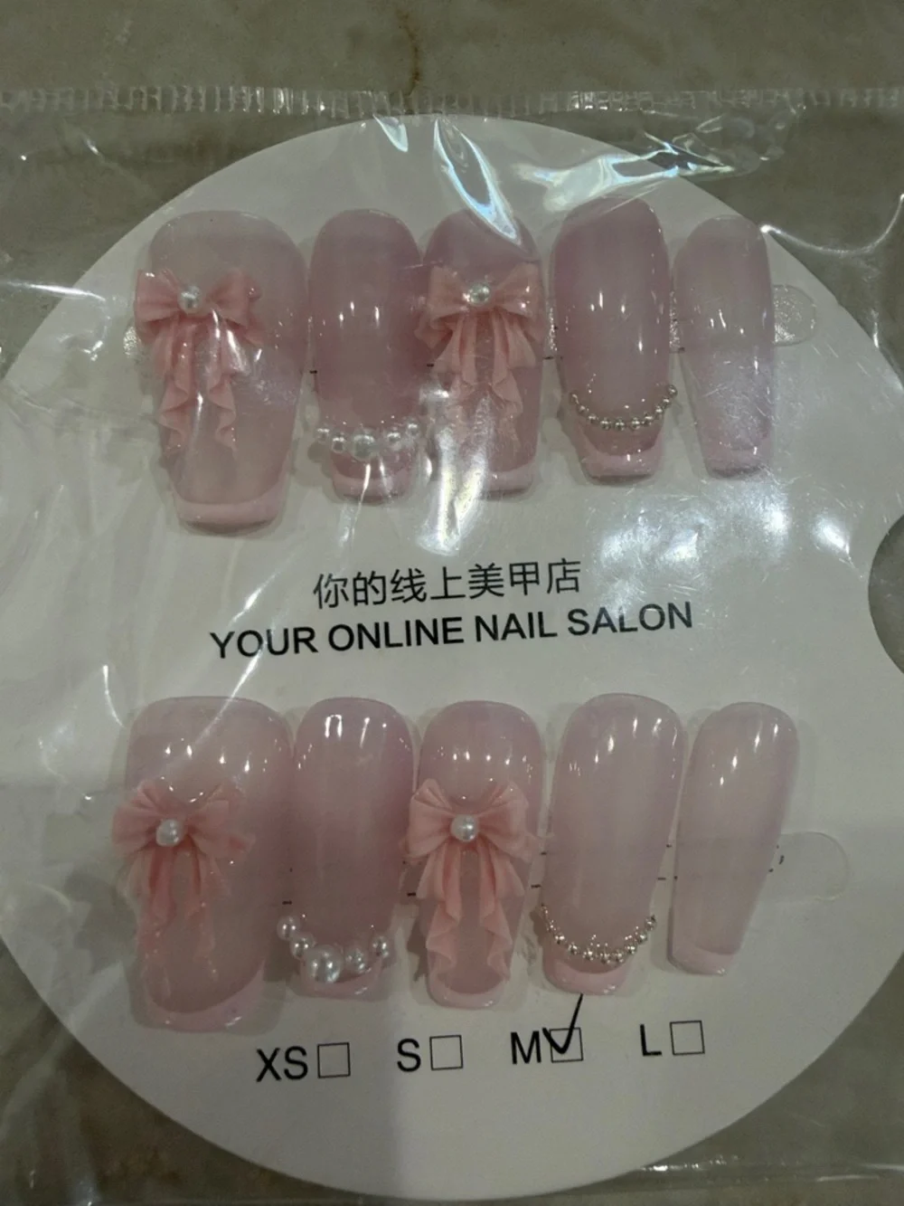 Pink Bow French Press-On Nails + Nude Floral Set of 2 size medium - Picture 2 of 3